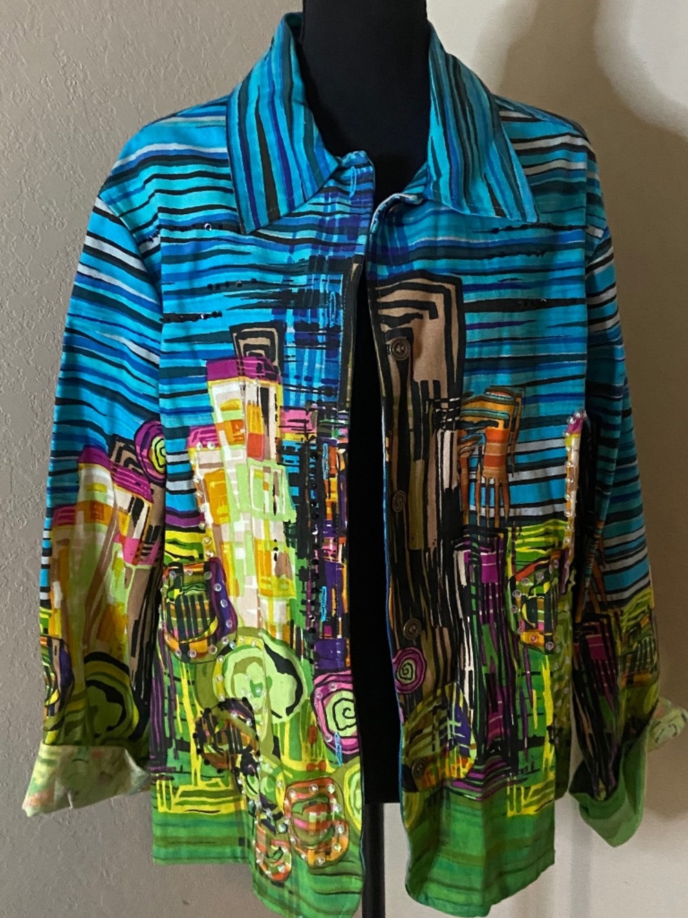 Gaudy Couture Blue Stripe Abstract Cityscape Skyline Cotton Canvas Jacket 1X